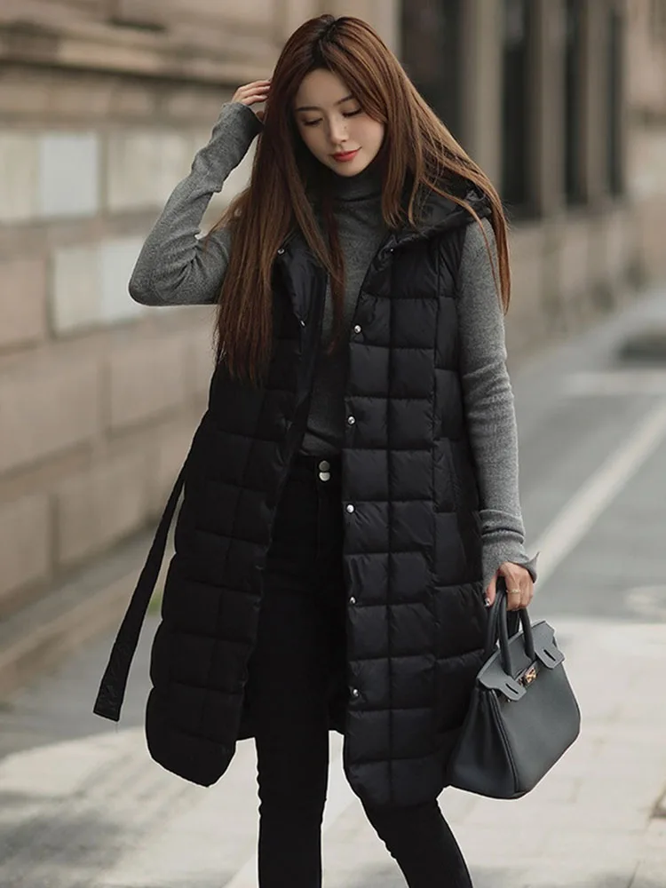 Autumn Winter Waistcoat Women Long Vest Parka Down Cotton-padded Jacket Sleeveless Hooded Outerwear Female Loose Belt Warm Coats