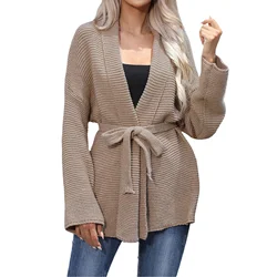 Women Fashion Cardigan with Belt Elegant Office Ladies Lace Up Sweater Solid Long Sleeve  Shawl Collar Knitted Cardigans Coat