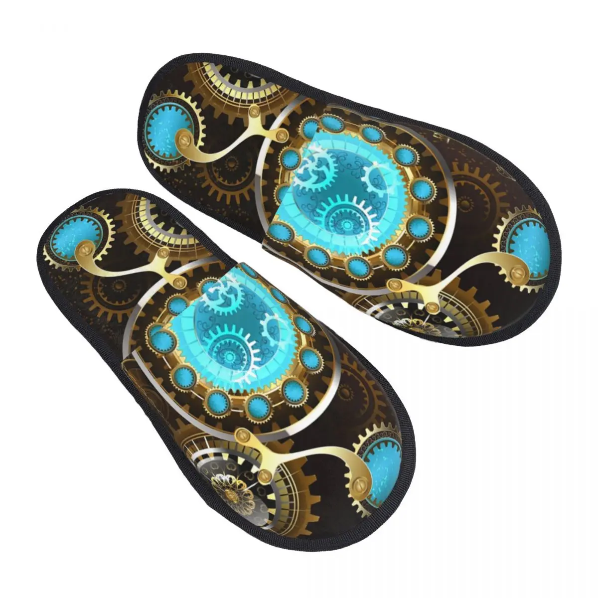 Women Rusty Background With Turquoise Lenses House Slippers Cozy Warm Steampunk Memory Foam Fluffy Slipper Indoor Outdoor Shoes