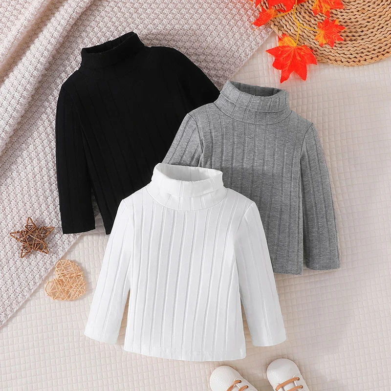 

MILANCEL 3Pcs Autumn Baby Knit Bottoming Shirt Girls Solid Pit Strip Turtleneck Blouse Toddler Boys Thin Style Undershirts