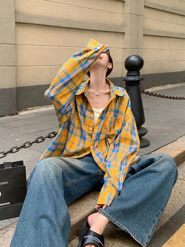 

Yellow Plaid Loose Women's Shirt Vintage Style Spring 2026 Fashion Design Casual Atmosphere Coat Button Pocket Polyester Fabric