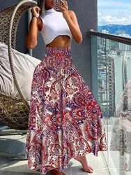 Boho Beach Skirt Vintage Printed Long Skirt 2024 Women Spring Summer New Elastic High Waist A-line Big Hem Vacation Skirts