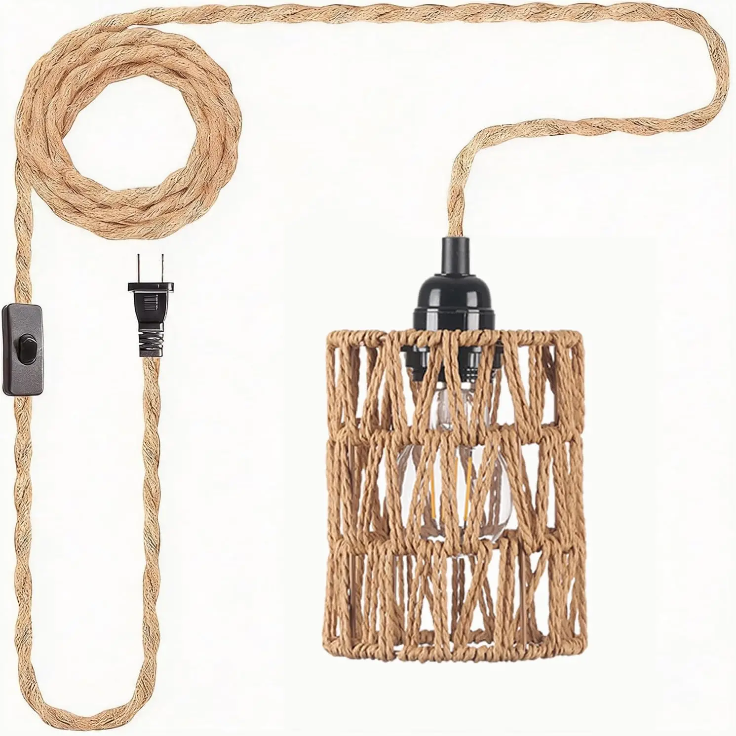 Plug-in Rattan Hanging Lamp Shade, E26 Socket, 11.5-Foot Cord with Switch