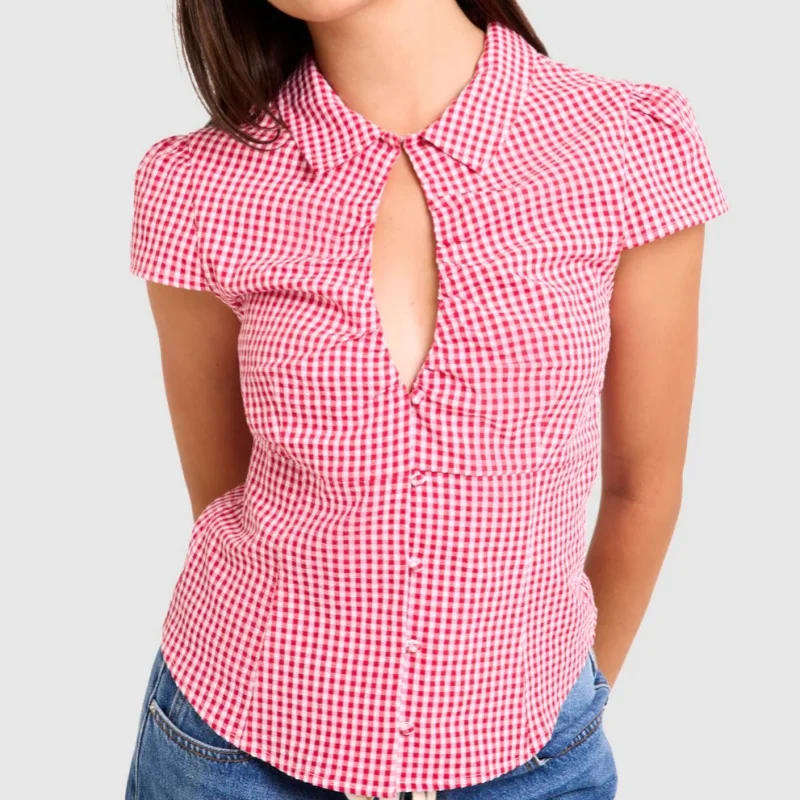 

Women's Y2K Gingham Cutout Button Down Shirts Cap Sleeve Lapel Collar Plaid Print Slim Fit Blouses Shirts Coquette Streetwear