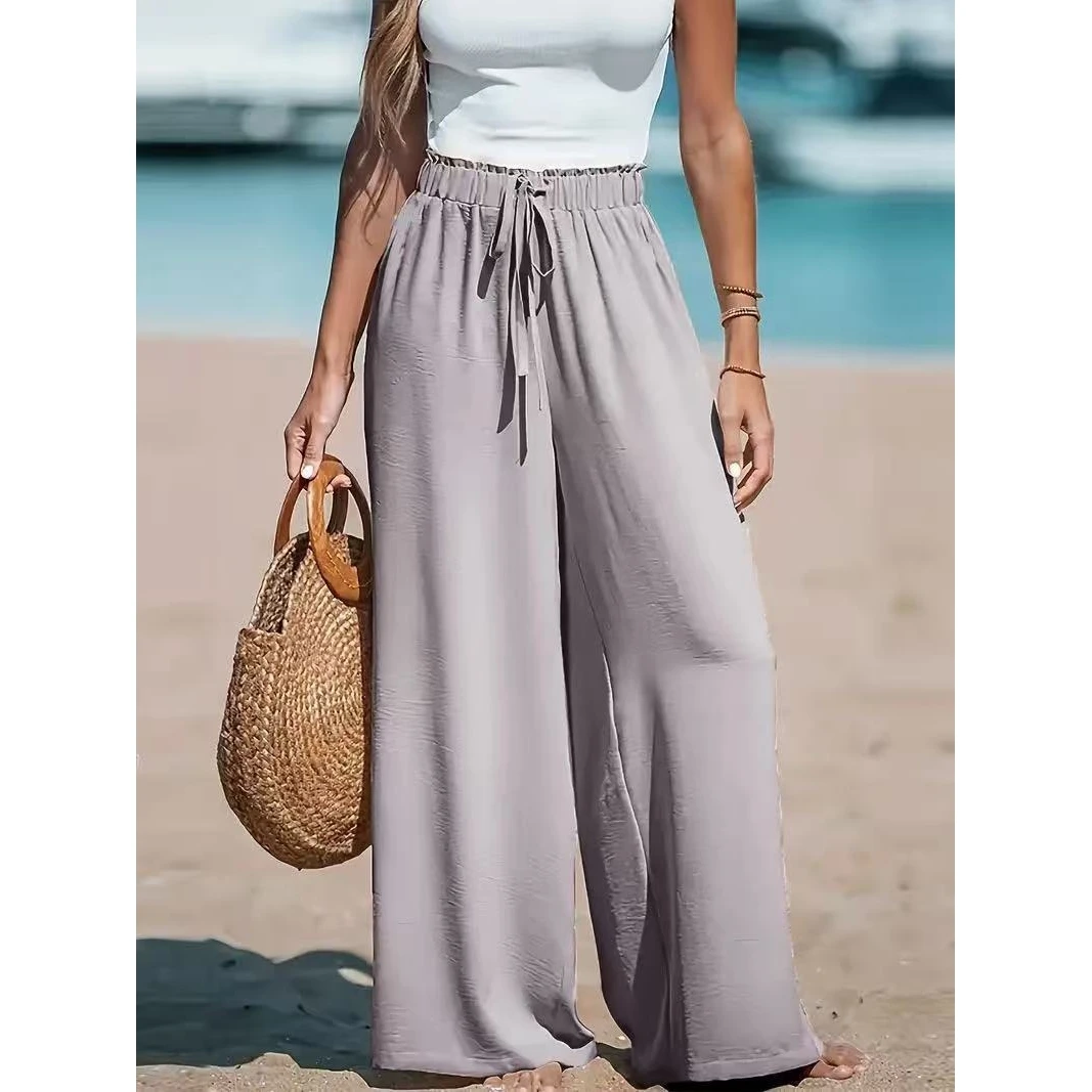 Comfortable Wide Leg Pants for Women Cross-Border Pure Color Ladies Long Pants Polyester Casual Style mid Waist Loose Fit