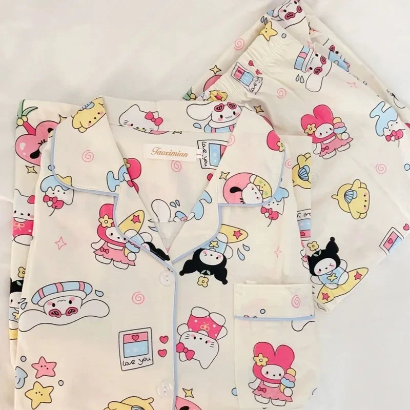 New Kawaii Sanrio Hello Kitty My Melody Hangyodon Pajamas Female Long Sleeves Cardigan Autumn Winter Cute Cartoon Tracksuit Suit