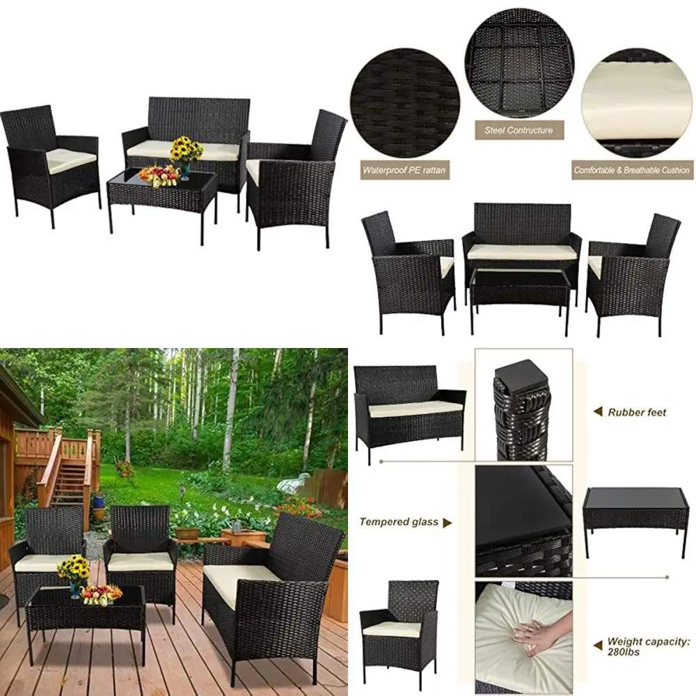 

Outdoor Patio Rattan Furniture Set: 4-Piece Black Wicker Chairs for Garden, Yard, or Poolside Conversation