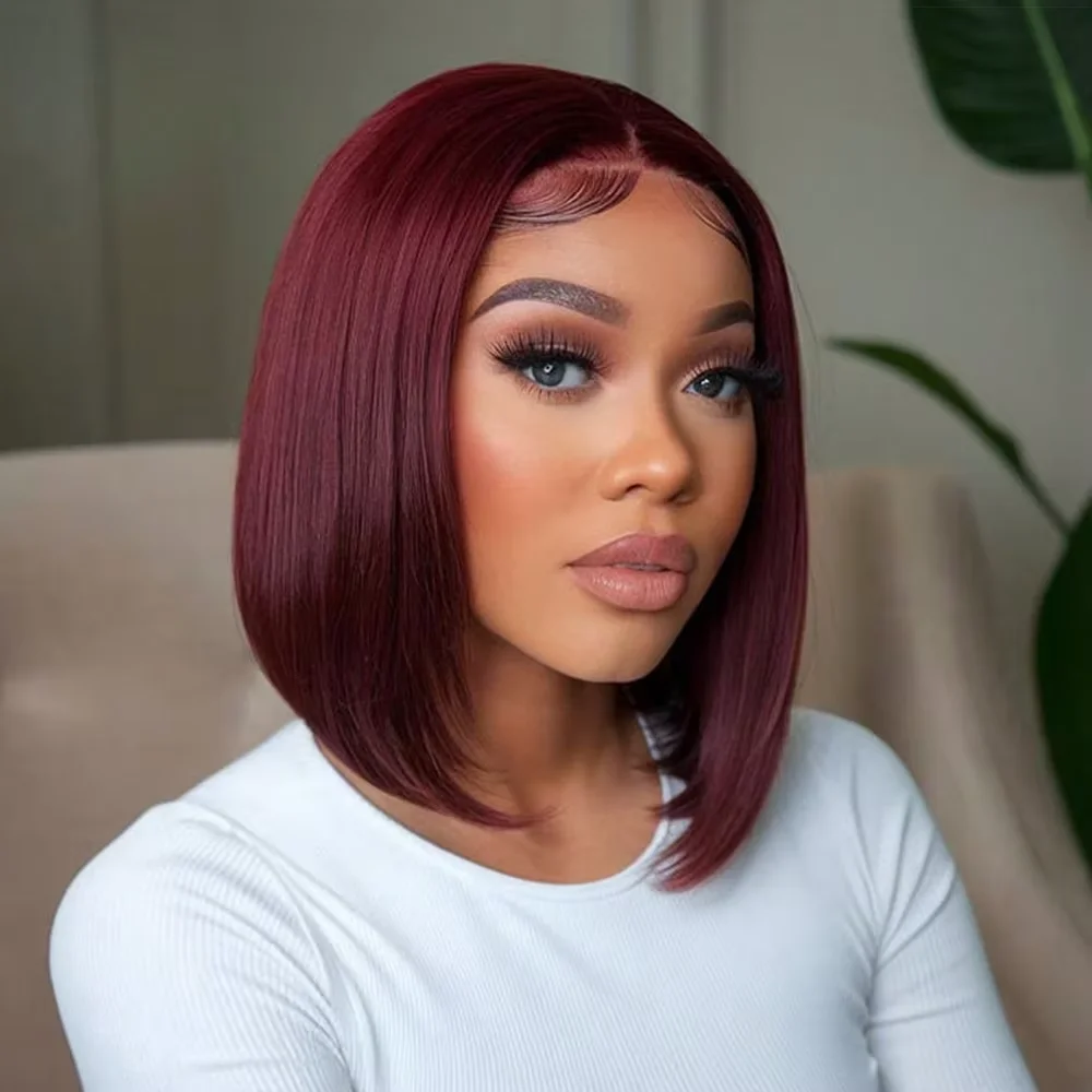 

99J Short Bob Human Hair Wigs Brazilian Burgundy Straight 13x4 HD Transparent Lace Front Wig For Women Pre Plucked Hairline