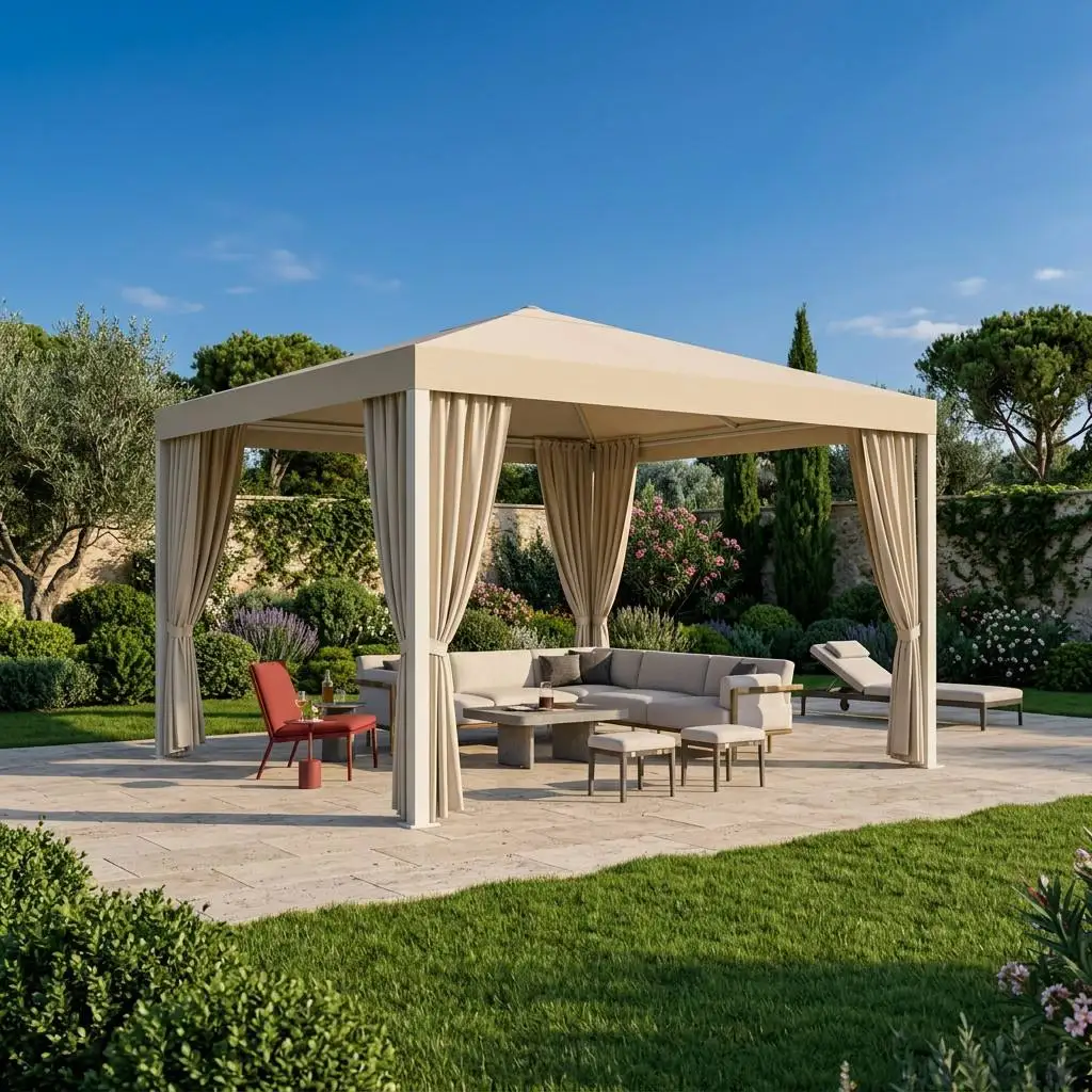 Waterproof Outdoor Gazebo Beige Patio Canopy Tent with Side Curtains Sun Shade Shelter for Garden Backyard Pool Party