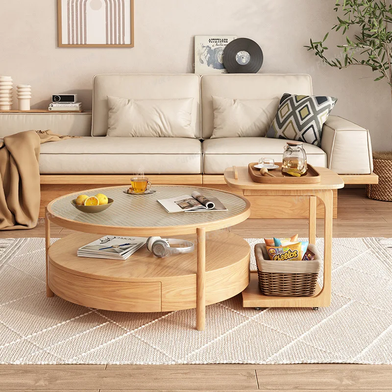 

Japanese Solid Wood Coffee Tables Nordic Living Room Double-Layer Solid Wood Round Side Table Cream-Style Home Furniture FYCT