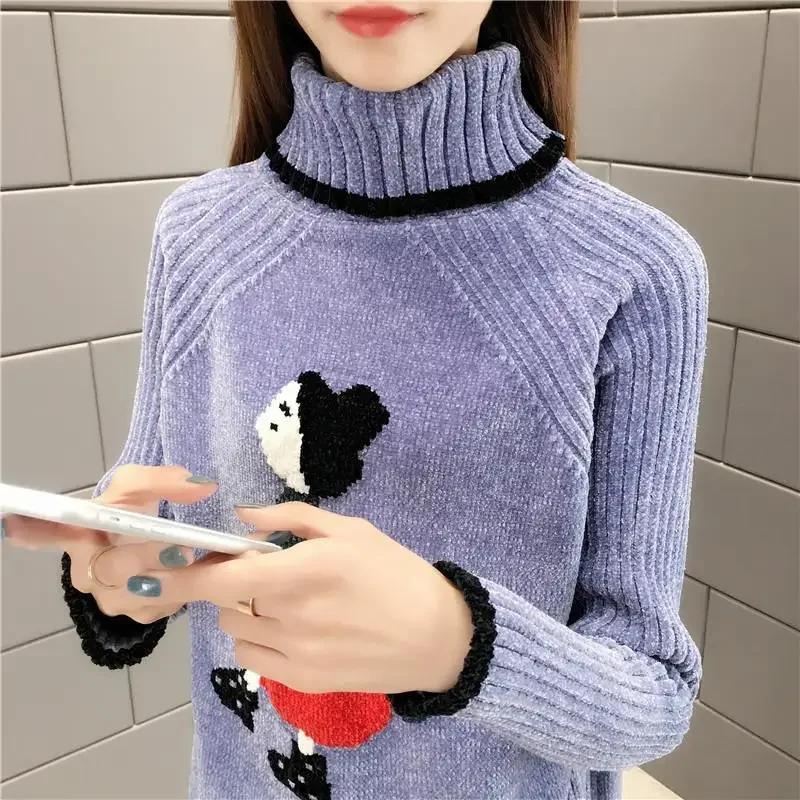 2023 Spring And Autumn Chenille Turtleneck Sweater Female Embroidery Cartoon Image Pullover Loose Knitted Base Shirt