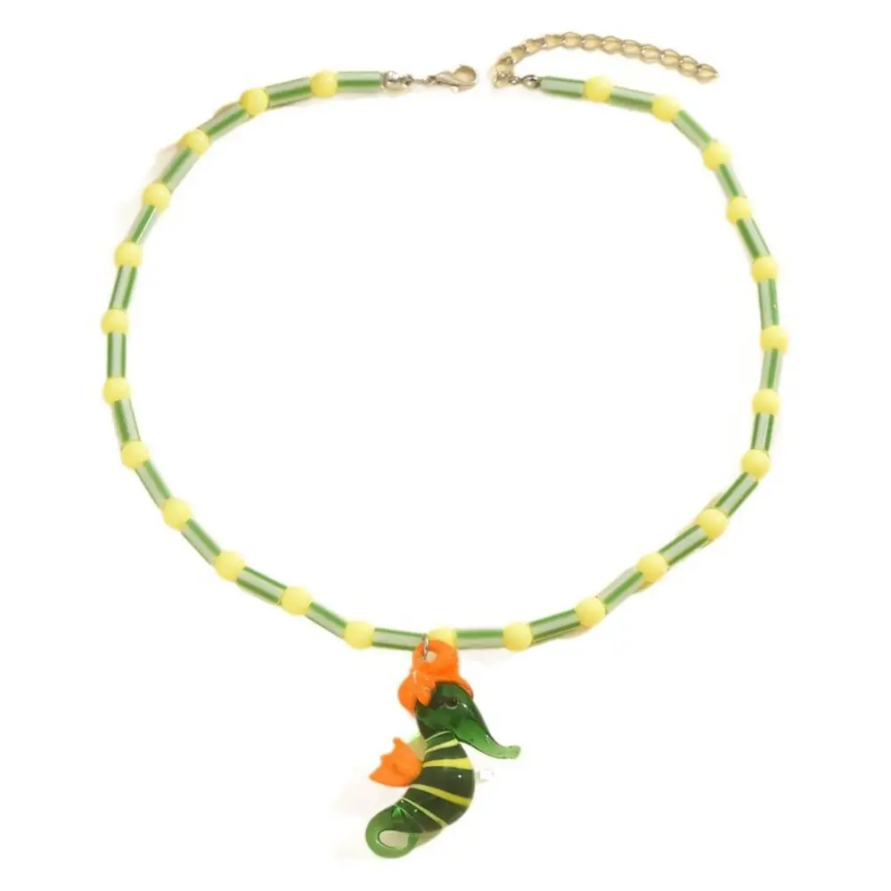 Tropical Island Charm Fish Necklace Colorful Glass Vacation Style Seahorse Pendant Fun Ocean Clavicle Chain Beaded Necklace