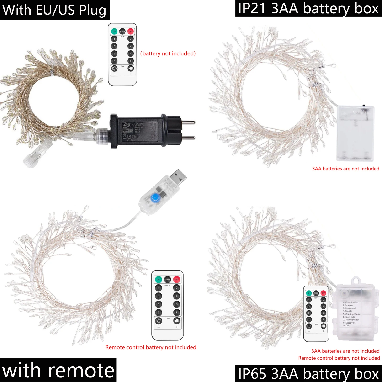 200 400 LEDs/M LED String Firecracker Lights 3AA Battery/USB EU US Plug Kit 3M 6M Remote Control Christmas Wedding Party Decor