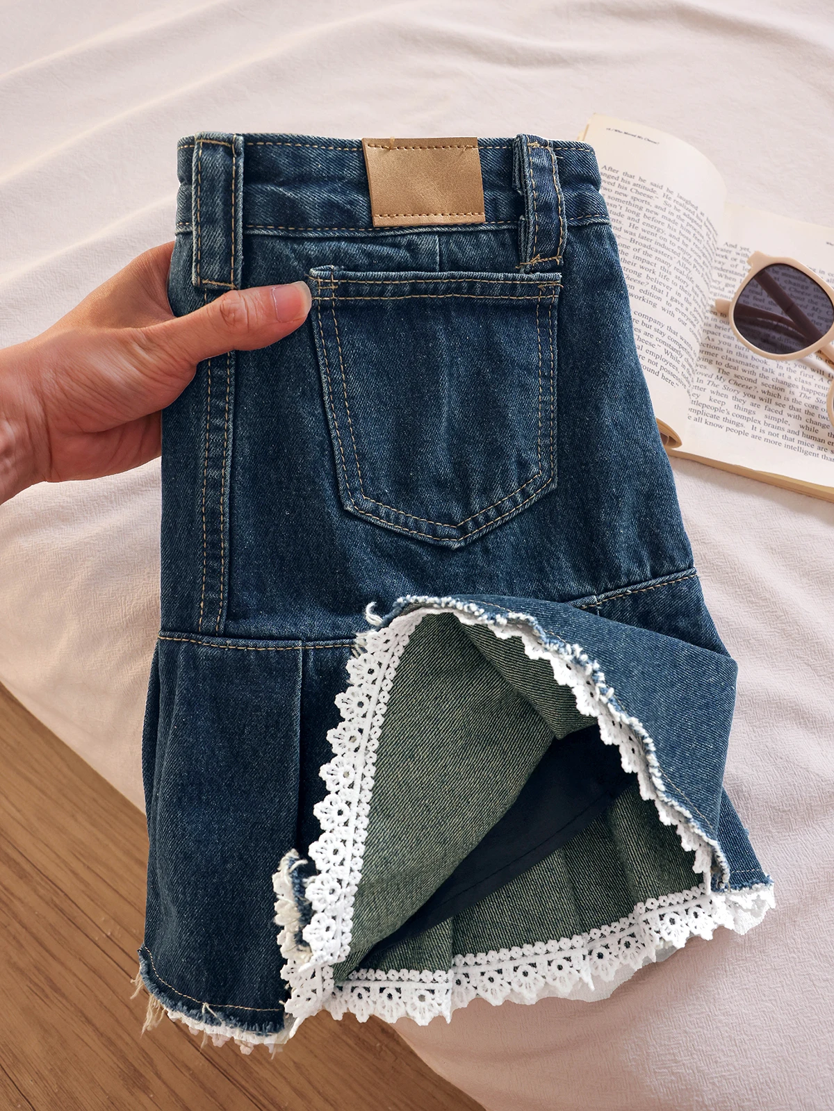 

Blue Lace Trim Denim Skirt Women Summer Sexy f Body Anti Exposure Pleated Skirt Commute Sle l Waist A-Line Skirt