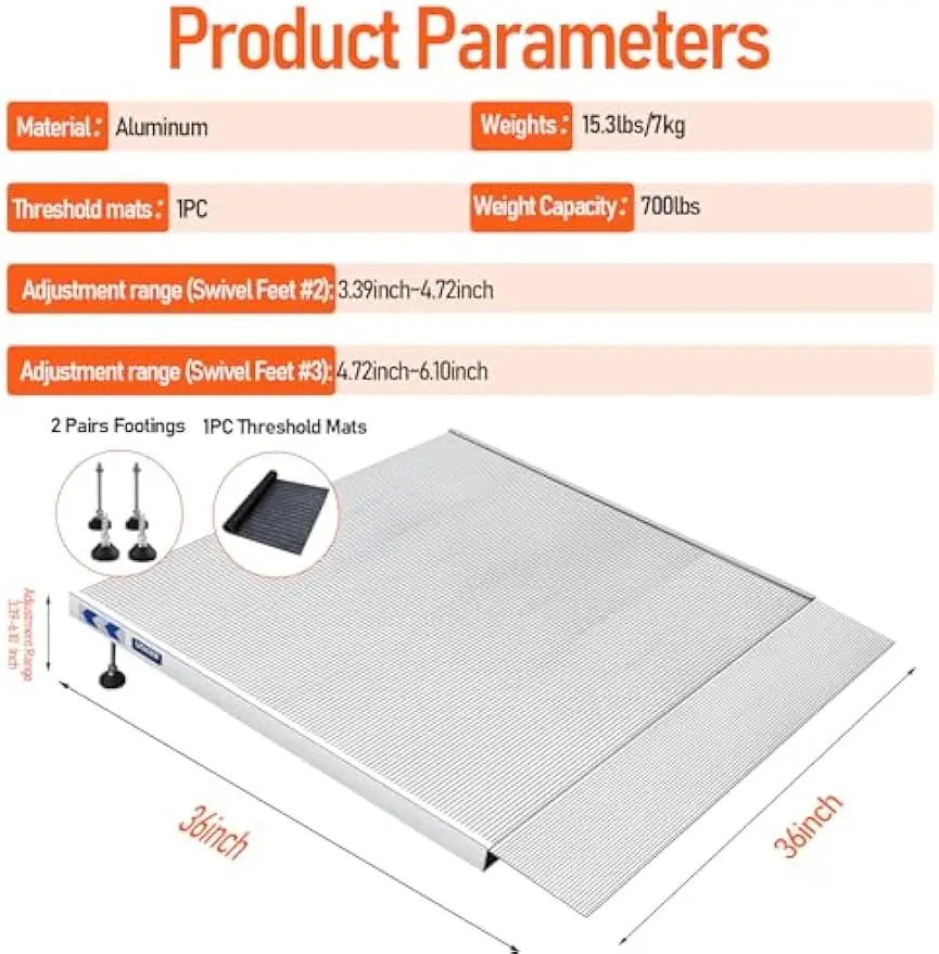 Rampa de limiar de alumínio de 36" de largura para cadeiras de rodas, capacidade de 800 libras, altura ajustável 3.4-7.1", superfície antiderrapante