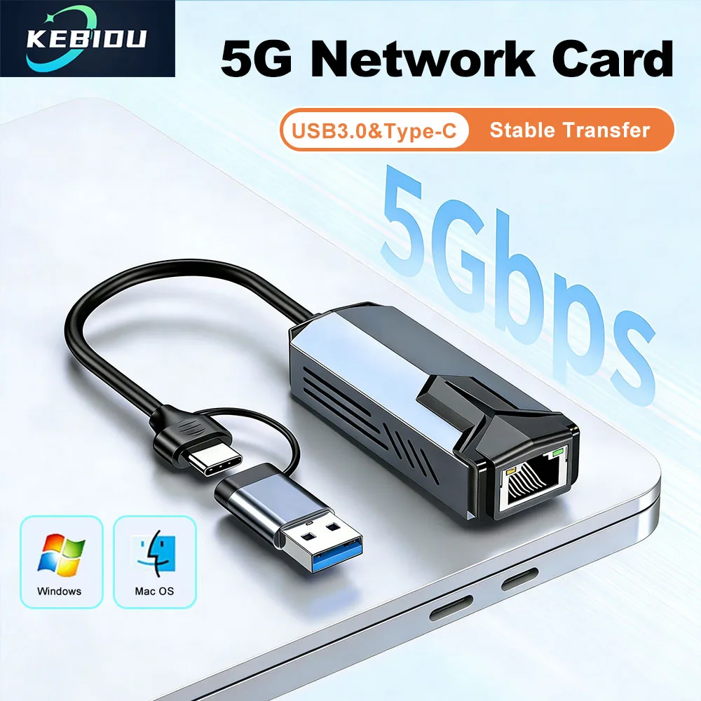 Kebidu 5000Mbps Network Card 5Gbps High Speed NAS Wired Ethernet Adapter USB3.0 Type-C to RJ45 Ethernet Converter For MacBook PC