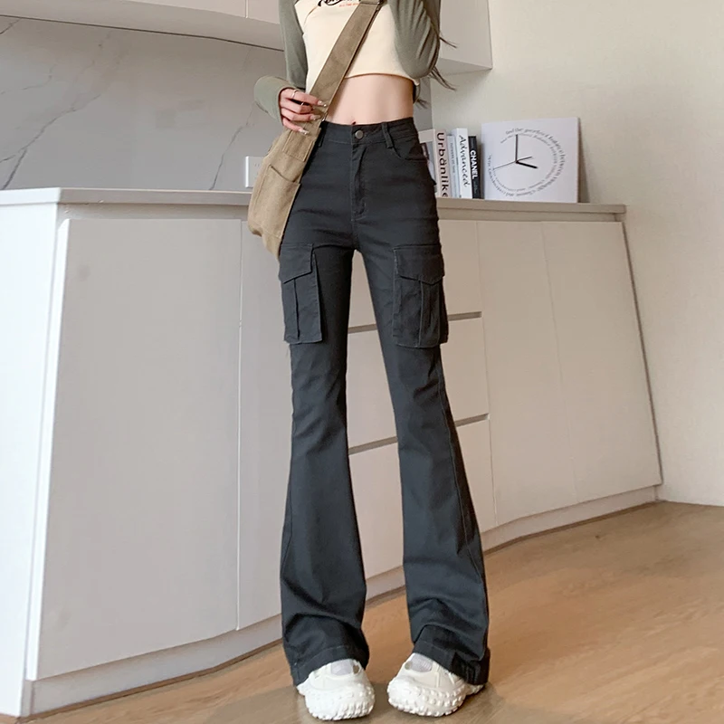 Grey Flared Pants Female Streetwear High Waisted Slim Jeans for Women Spring Summer Pockets Cargo Pants Black Trousers