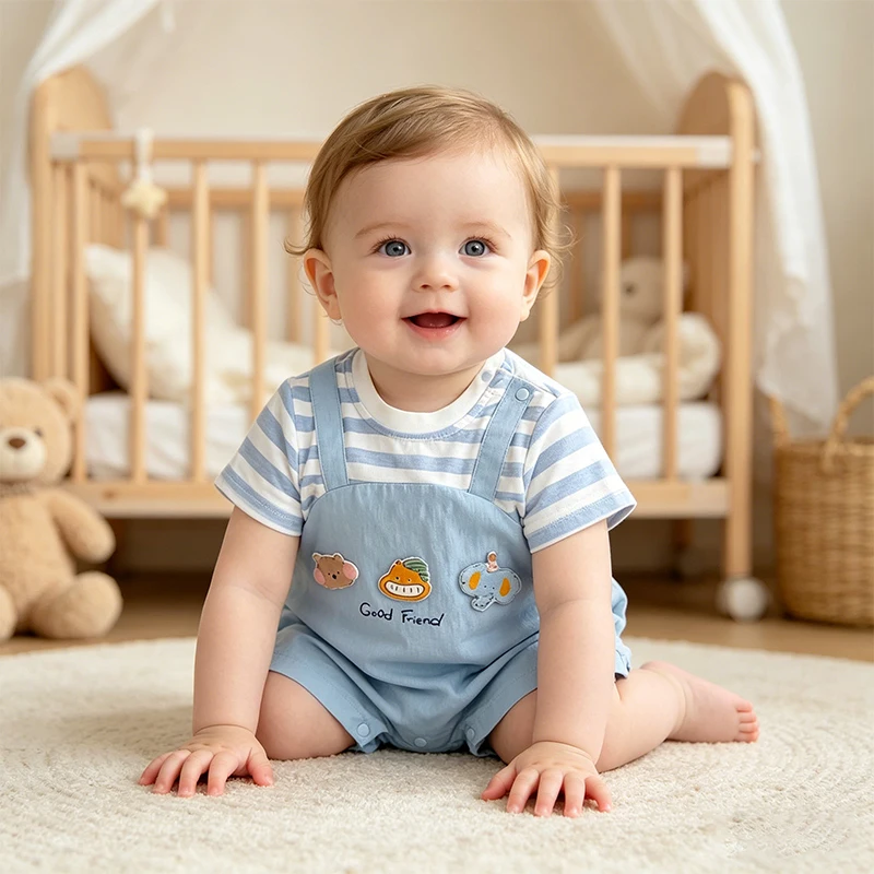 Baby Short Sleeve Romper Blue Striped Fake Two-Piece Cartoon Animal Print Onesie Summer Infant Boys Girls 3-24 Months Bodysuit