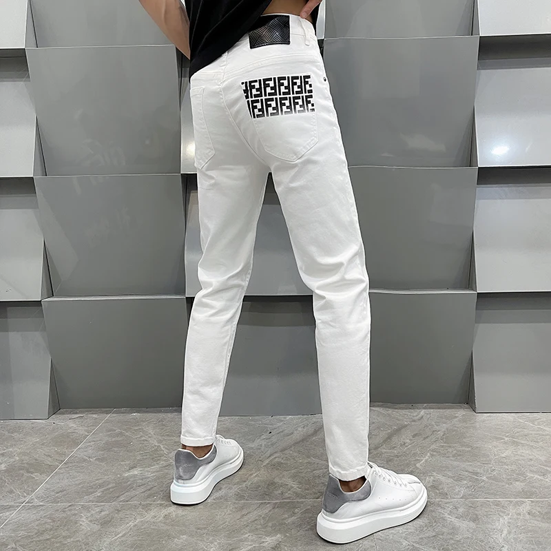 

2024Spring and summer thin white straight jeans high-end light luxury fashion elastic Slim casual versatile men's trousers