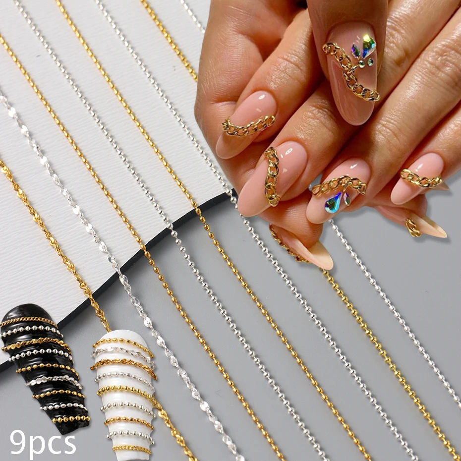 A Set of 9 Strips of Metal Nail Chains Featuring 0.6-1cm Punk Beads Metal Chains in Golden Slivery 3D Nail Decorations Charms