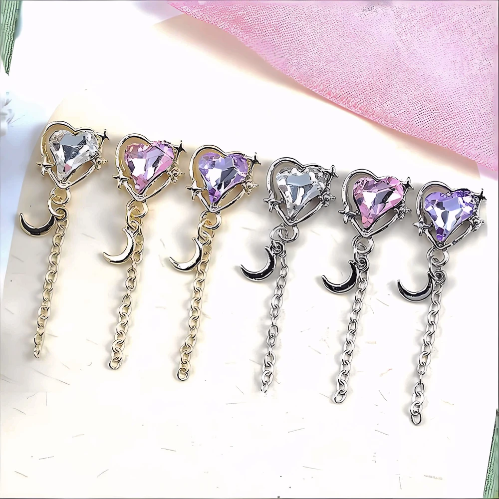 

10PCS 3D Luxury Alloy Moon Stars Nail Art Love Heart Rhinestone Charms Chain Pendant Accessories For Nails Decoration Supplies