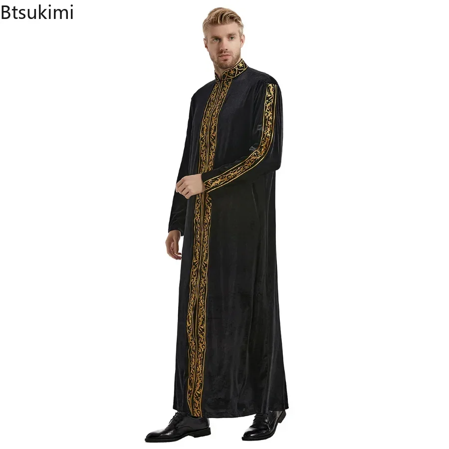 Muslim Men Jubba Thobe Islamic Clothing Velvet Kaftan Thoub Arabic Saudi Robe Dress Jubah Caftan Thawb Ramadan Gown Middle East