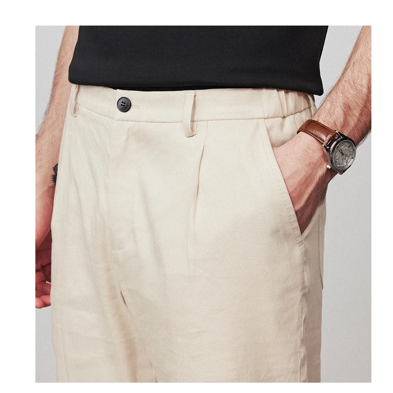 กางเกงผ้าลินินธรรมชาติ 100% ผู้ชายสีดำเรียบง่ายอารมณ์หรูหราธุรกิจลำลองผู้ชายสบายเย็นเสื้อผ้าระดับไฮเอนด์