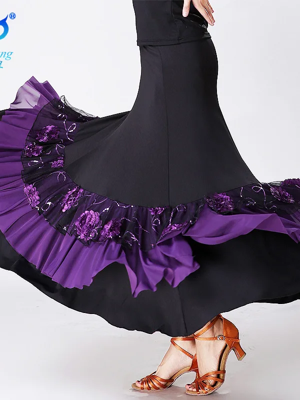 Women Flamenco Ballroom Practice Dress Spanish Fancy Belly Dance Wear Sequin Flower Embroidery Ruffle Big Wing Gypsy Stage Skirt