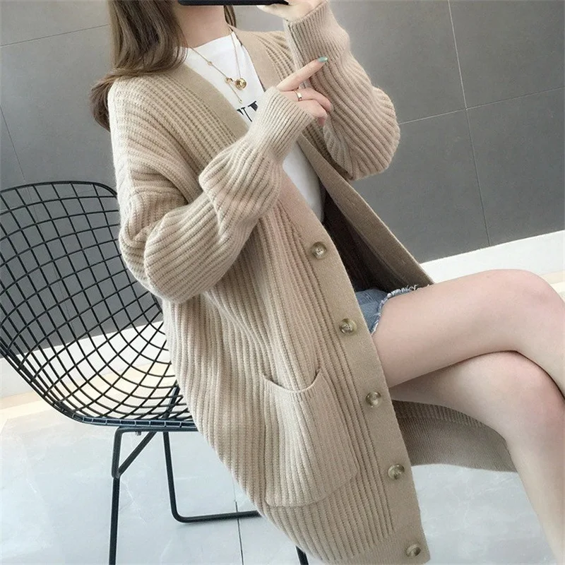 

2026 Autumn Winter New Fairy-Like V-Neck Sweater Women's Coat Korean Fashion Loose Knitted Cardigan Mid-Length