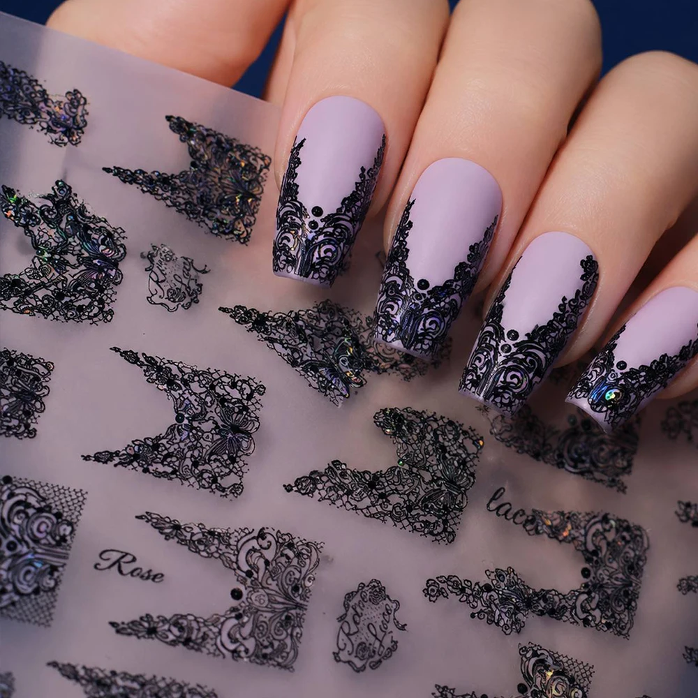 1Pc Delicate Lace Pattern Nail Sticker V Shape French Design Glitter Black Nail Decal Self Adhesive Lace Matte Goth Nail Slider