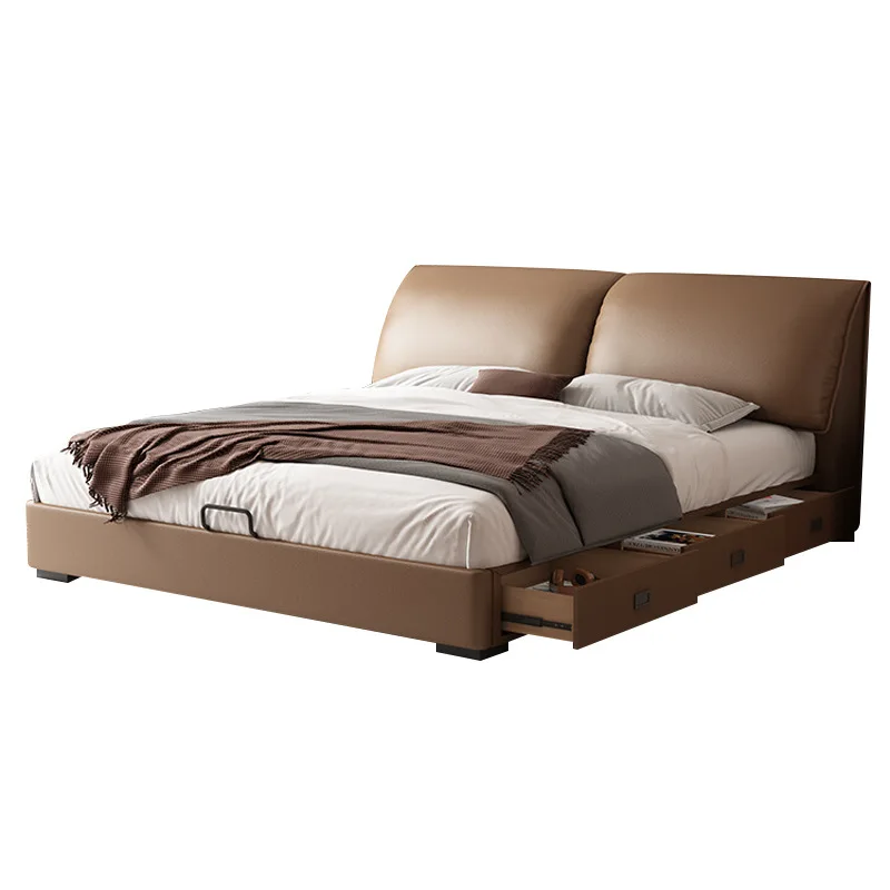 

The first layer of cowhide master bedroom leather bed, flush edge floor leather art bed