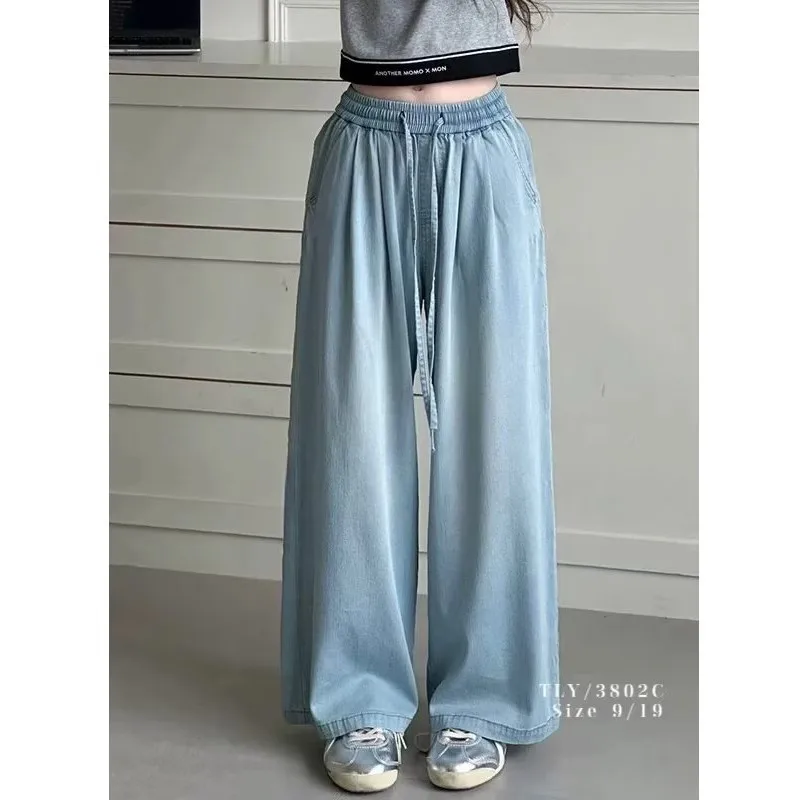 Girls Summer Thin Jeans 2025 New Style Lyocell Cotton Kids Straight Wide Leg Denim Pants Children's Trousers Hot Selling