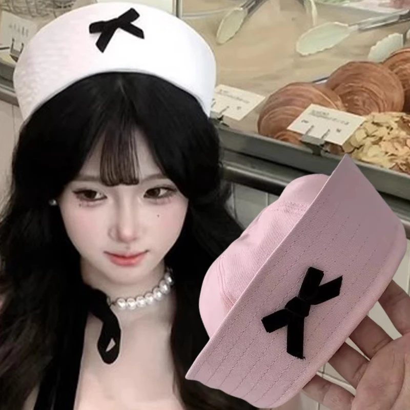 y2k-picante-meninas-doce-bowknot-boina-cupula-flip-beirais-chapeu-de-marinheiro-retro-rosa-marinheiro-chapeu-de-aba-grande-cosplay-bone-marinho-ao-ar-livre