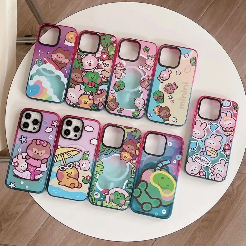 Cute Summer Animals 2.5 Acrylic MagSafe Colorful Border Phone Case Cover for IPhone 12 13 14 15 Pro Max Case