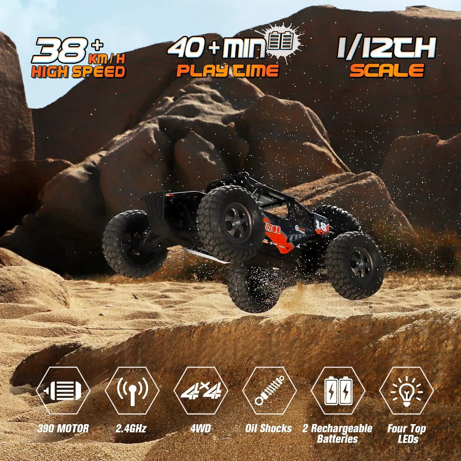 Remote Control Car,1:12 Scale 4x4 RC Cars Protector 38+ KM/H Speed, 2.4G All-Terrain Off-Road Truck Toy Gifts for Boys