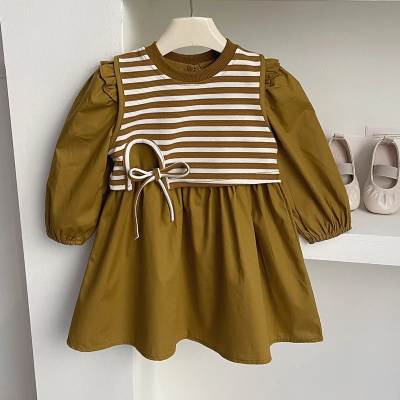 

2024Spring New Girls' Striped Vest Suit Skirt Girls' Long Sleeve Dress Two-Piece Suit Fashionable Hair Generation