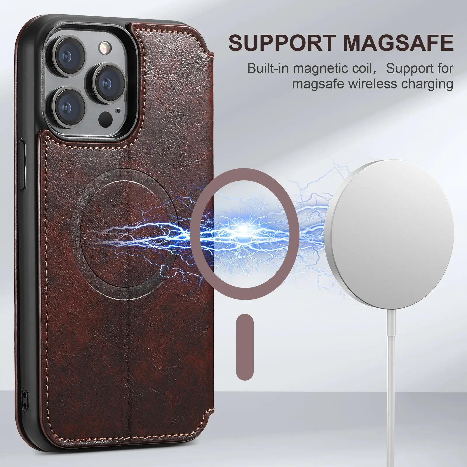 for iPhone 15 14 13 12 Pro Max Wallet Case [Compatible with Mag-Safe] Magnetic Leather Flip Cover Kickstand and Card Holder