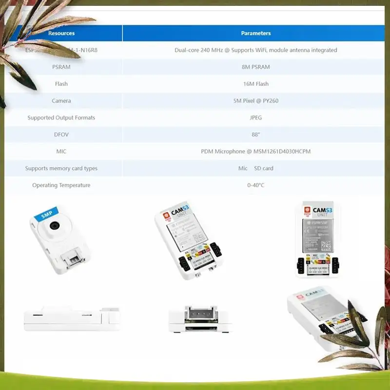 كاميرا New-Cams3 Wi-Fi وحدة 5 ميجابكسل ESP32S3 كاميرا 5 ميجابكسل (PY260) 88 °   ميكروفون PDM مدمج DFOV