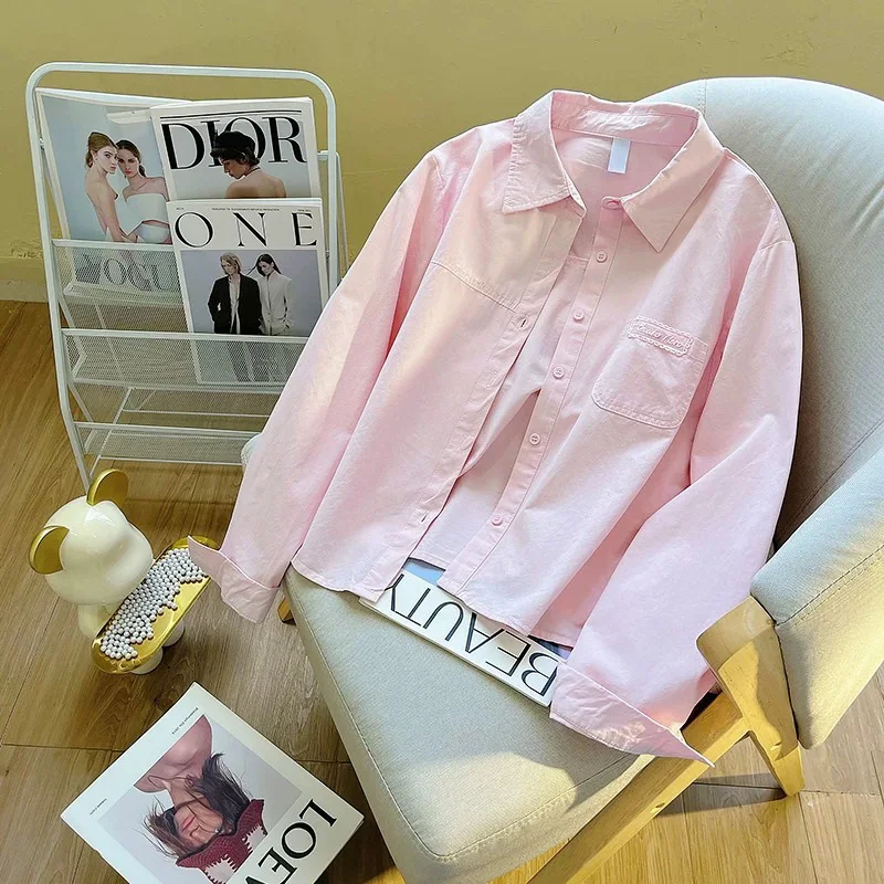 

Elegant Pink Embroidered Shirt Women's Fashion Spring Autumn New Style Super Fairy Casual Chic Top Cotton Loose Fit Long Sleeve