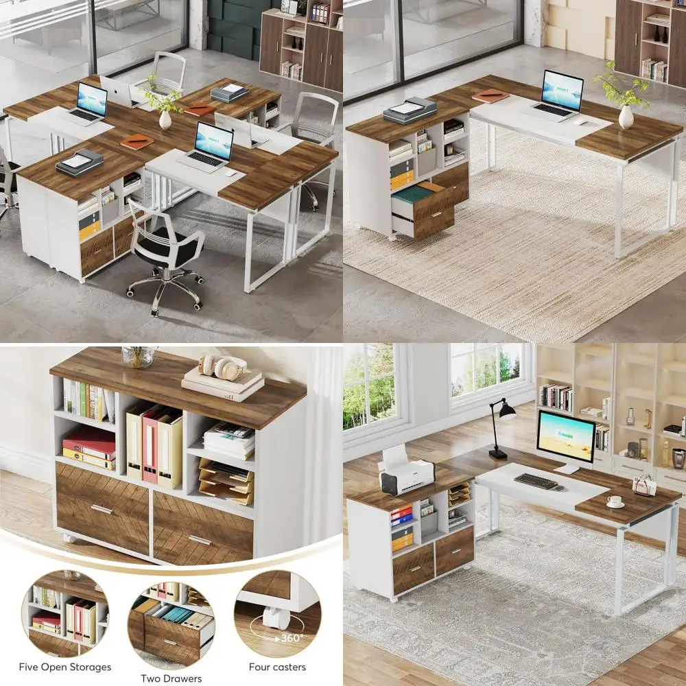

Reversible File Cabinet L-Shaped Executive Desk, 63 Oak and White Office Desk with Storage Drawers, Computer Desk Set