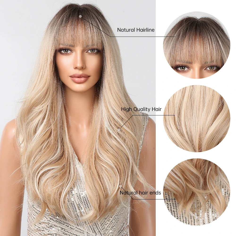 Long Blonde Highlight Synthetic Wigs for Women Ombre Blonde Wig with Bangs Natural Looking Daily Party Hair Heat Resistant Fiber