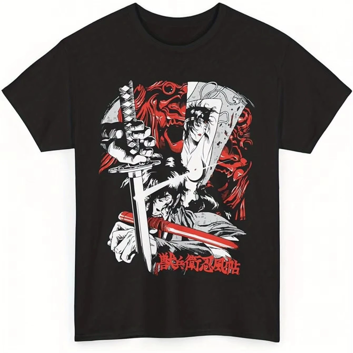 Anime Ninja Scroll T-shirt with Dove Tail Art Retro Pattern Neutral Round Neck Short Sleeved Casual Anime Clothing