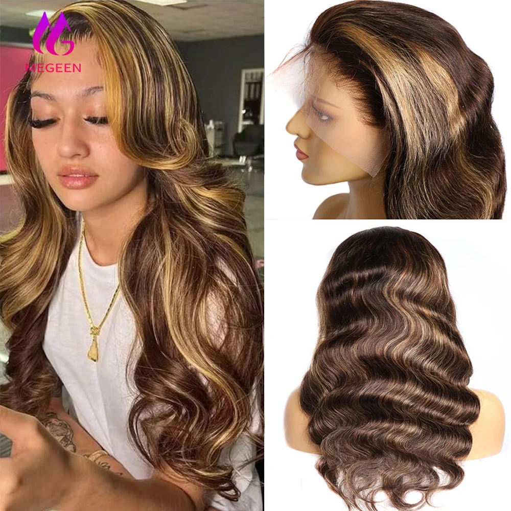 

Megeen P4/27 Colored 100% Human Hair Highlight Body Wave 13X4 Lace Frontal Wigs Burmese Pre Plucked Honey Blonde Lace Front Wigs