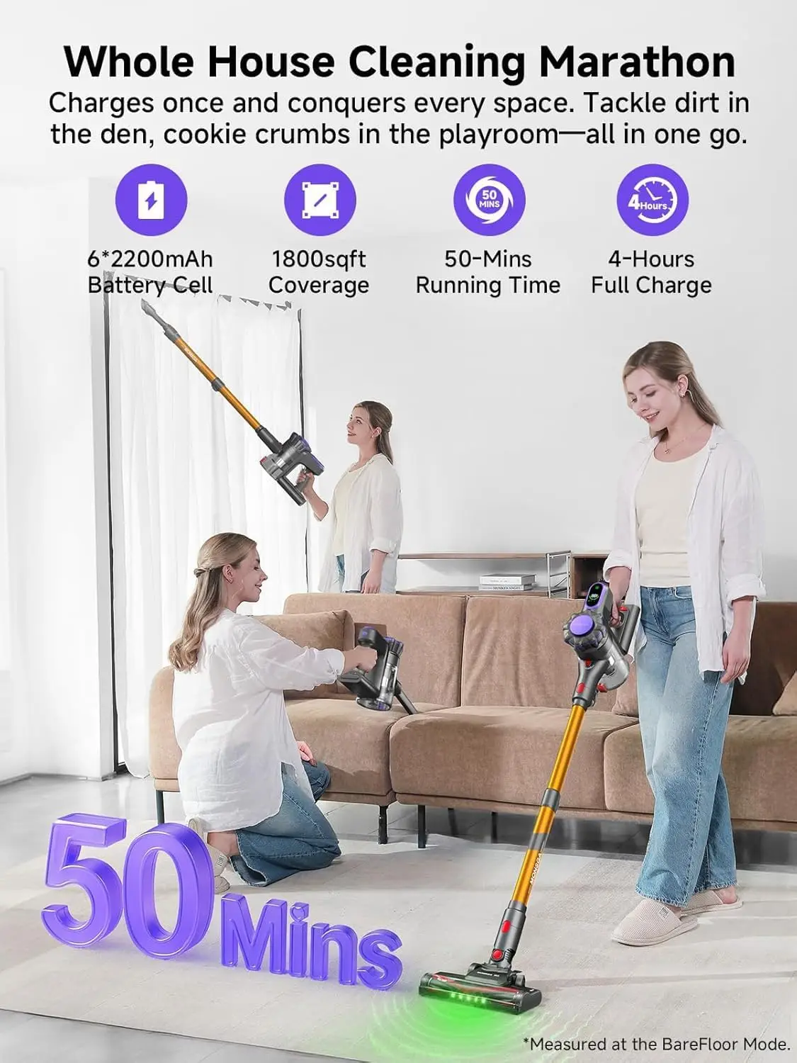 Aspirador de pó sem fio 45KPa 400W, aspirador leve para pêlos de animais de estimação, carpetes e pisos, tempo de execução de 50 minutos, dourado e roxo