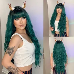 Ombre Green Curly Synthetic Wigs with Bangs Long Women Colorful Heat Resistant Wig Dark Roots Green Party Cosplay Fake Hair