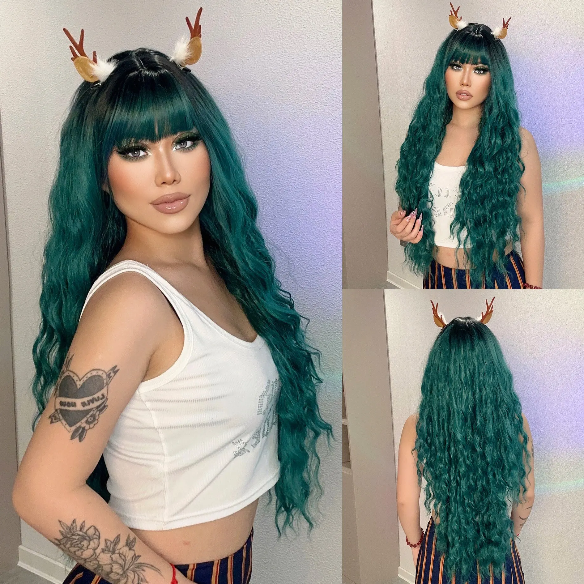 Ombre Green Curly Synthetic Wigs with Bangs Long Women Colorful Heat Resistant Wig Dark Roots Green Party Cosplay Fake Hair