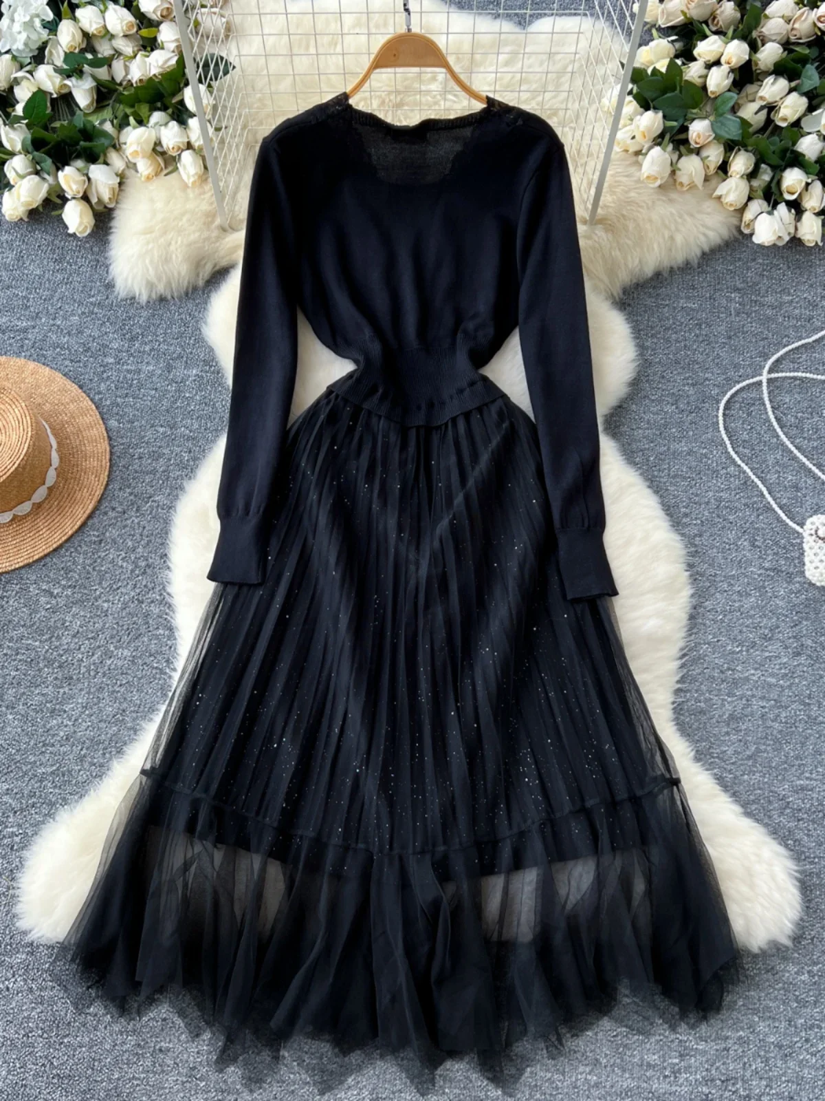 French Black Dress Women Autumn Winter Elegant V-neck Yarn Dresses Ladies Knitted Patchwork Vintage Party Long Robe Vestidos