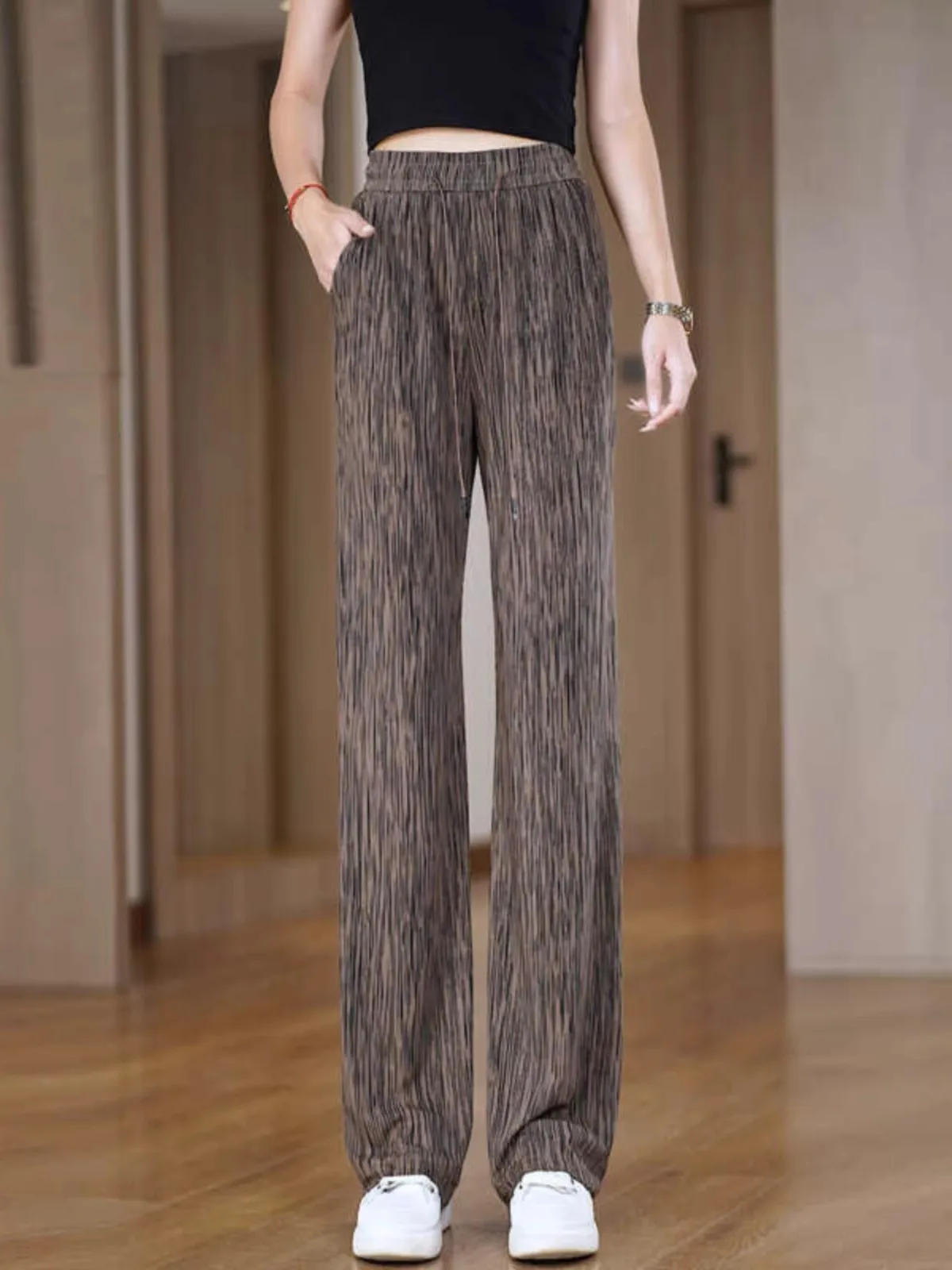 Primavera 2025 faion estreita calças de perna larga feminina macia cintura alta magro solto drapey versátil casual calças de perna reta