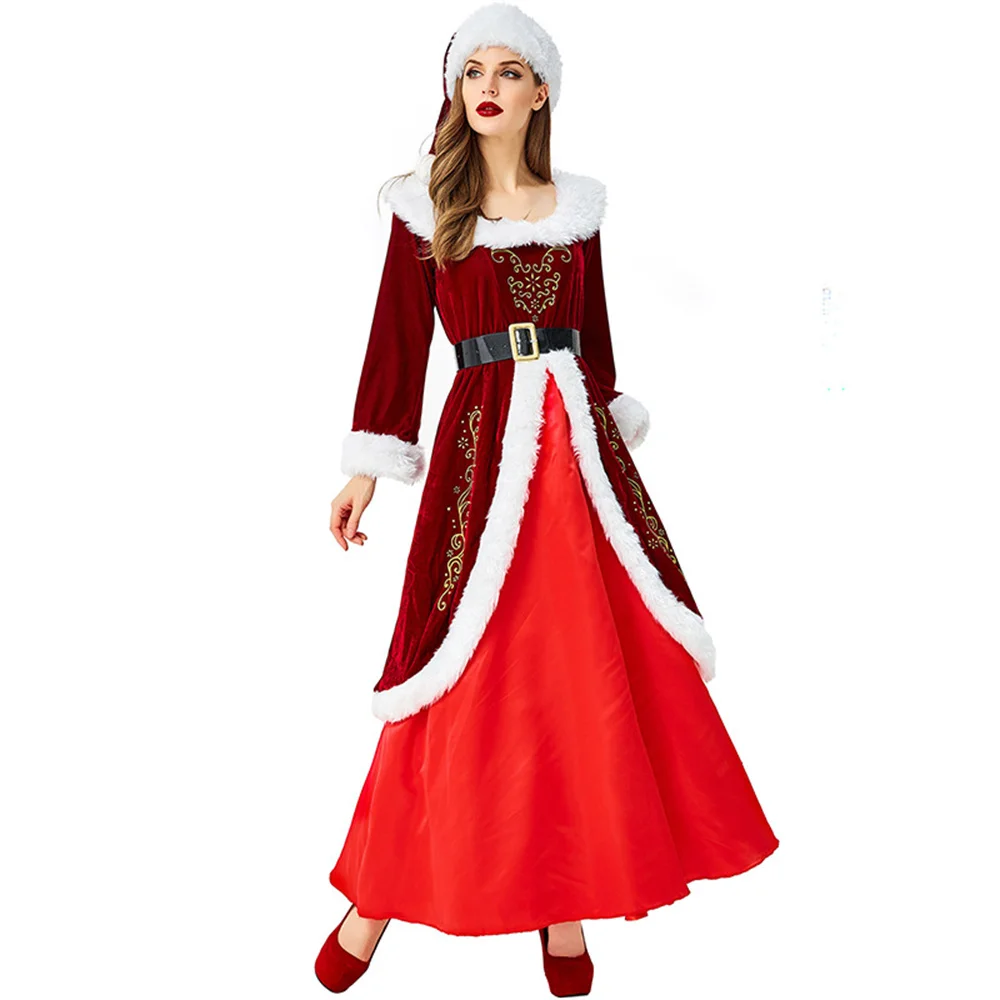 Traje de terciopelo rojo de lujo para mujer, traje Sexy de Papá Noel, Vestido largo de Cosplay de reina de Navidad