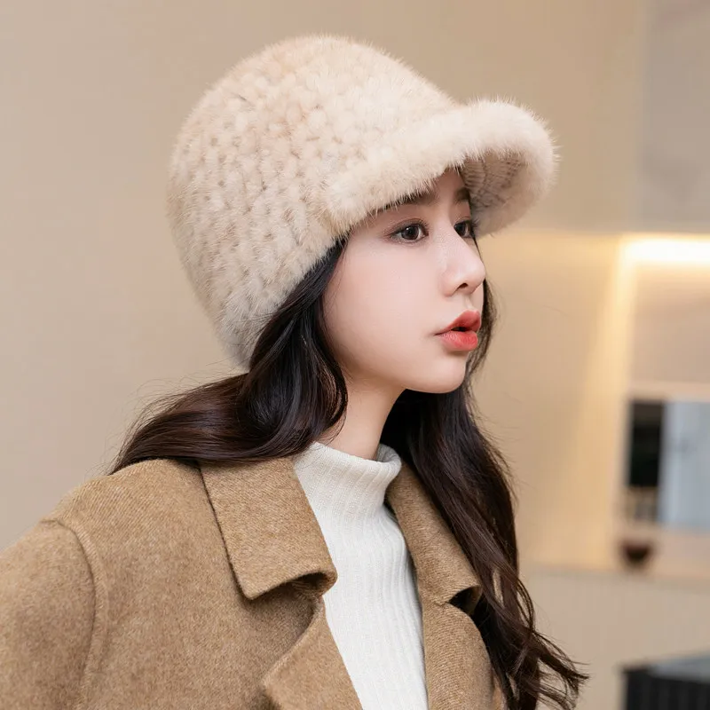 Women Real Mink Fur Baseball Cap 100% Natural Thick Fur Winter Hat For Cold Weather Outdoor Casual Ski Travel Women's Hat